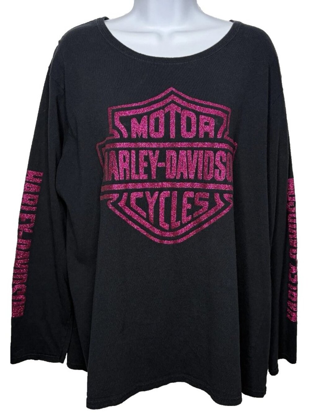Harley Davidson Womens Black Long Sleeve T-shirt Sz 2XL Pink Glitter Logo Gildan